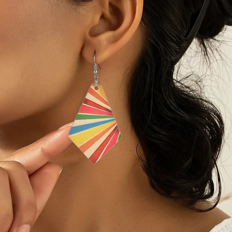 Colorful Stripes Rhombus Wooden Earrings, Boho Style